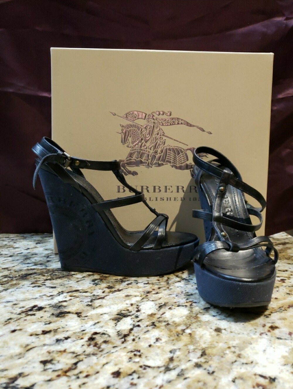 Burberry Black Leather Navy Platform Wedge Sandals